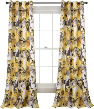 Lush Decor Floral Watercolor Light Filtering Window Curtain Panel Pair, 52"W x 84"L, Yellow & Gray