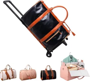 Luxe Mega Bag, Jenni Bag Travel Bag With Wheels, PU Leather 2 in 1 Hanging Suitcase Travel Bags, Waterproof Convertible Garment Bags for Travel with Shoe Pouch (Black)