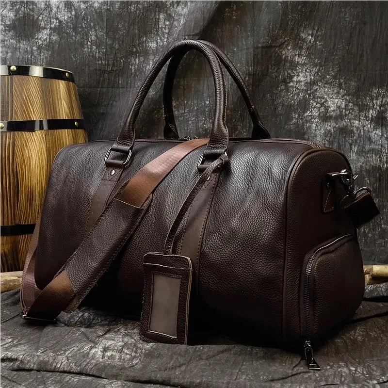 Luxury Genuine Leather Men Women Travel Bag Cow Leather Carry On Luggage Bag Travel Shoulder Bag Male Female Weekend Duffle Bag(Black (45cm))