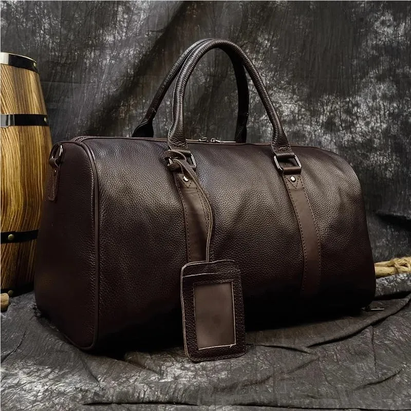 Luxury Genuine Leather Men Women Travel Bag Cow Leather Carry On Luggage Bag Travel Shoulder Bag Male Female Weekend Duffle Bag(Black (45cm))