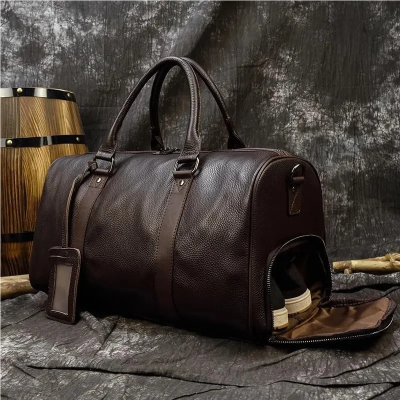 Luxury Genuine Leather Men Women Travel Bag Cow Leather Carry On Luggage Bag Travel Shoulder Bag Male Female Weekend Duffle Bag(Black (45cm))