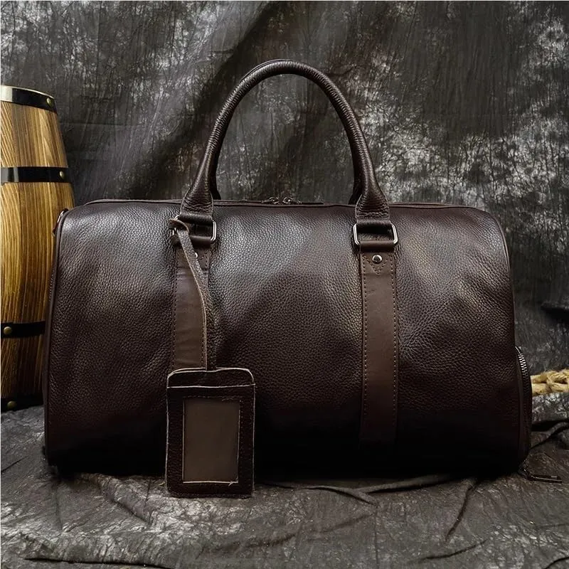 Luxury Genuine Leather Men Women Travel Bag Cow Leather Carry On Luggage Bag Travel Shoulder Bag Male Female Weekend Duffle Bag(Black (45cm))