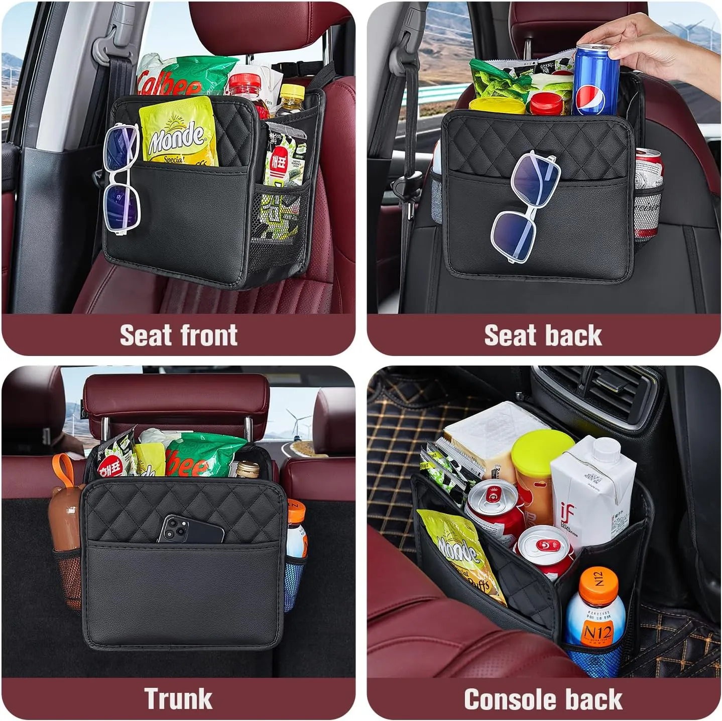 LXUNYI Car Organizer Back Seat, Waterproof Pu Leather Car Seat Storage Bag Foldable Universal Hanging Car Seat Back Organizer for Kids & Adults with Cup Holders Car Travel Accessories