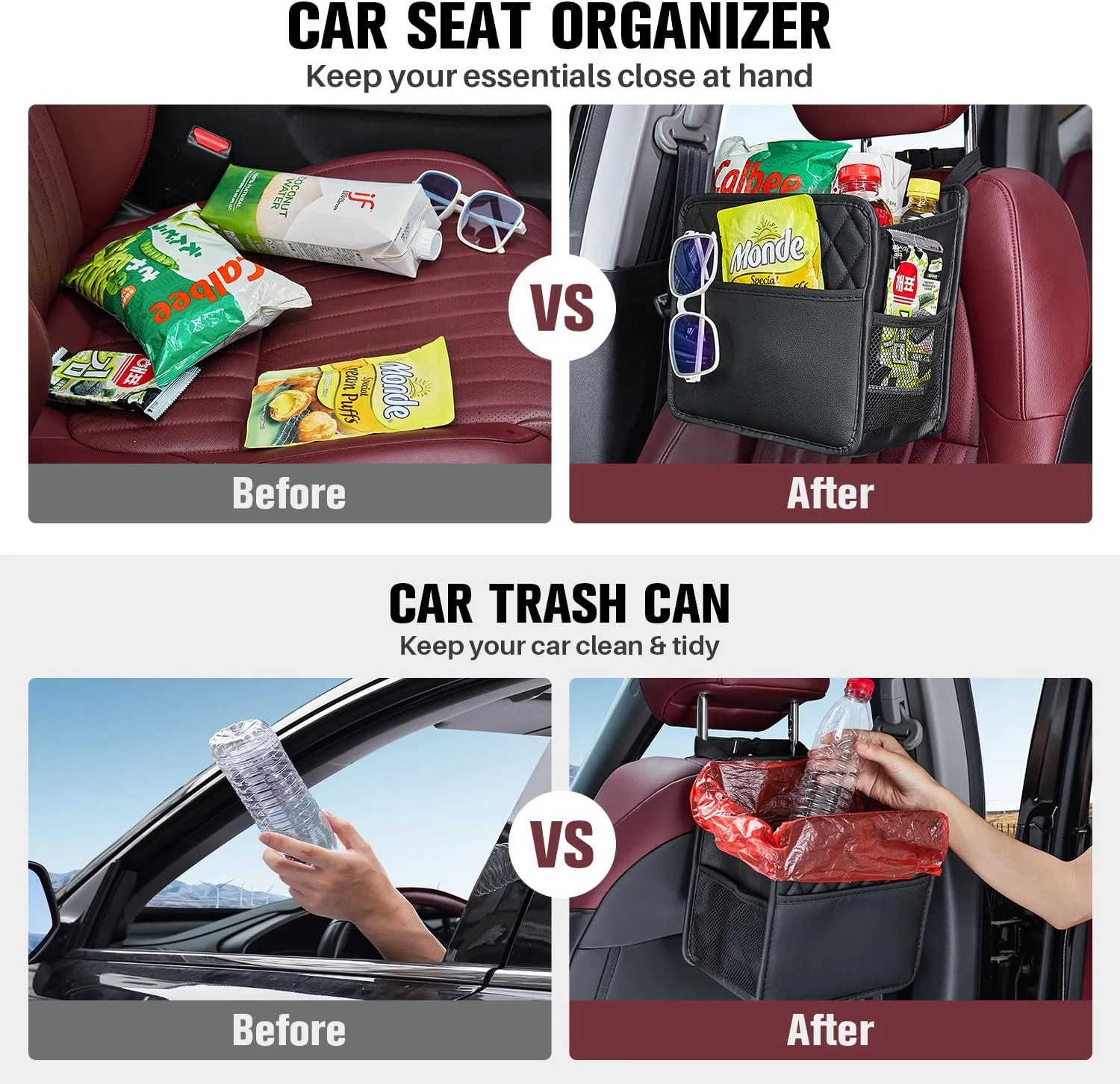 LXUNYI Car Organizer Back Seat, Waterproof Pu Leather Car Seat Storage Bag Foldable Universal Hanging Car Seat Back Organizer for Kids & Adults with Cup Holders Car Travel Accessories