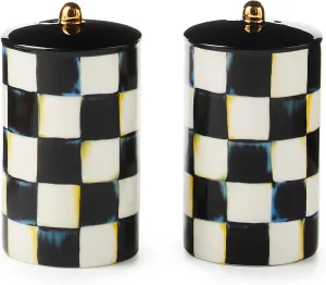 MACKENZIE-CHILDS Farmhouse Salt and Pepper Shaker Set, Ceramic Salt and Pepper Holders, Black-and-White Courtly Check