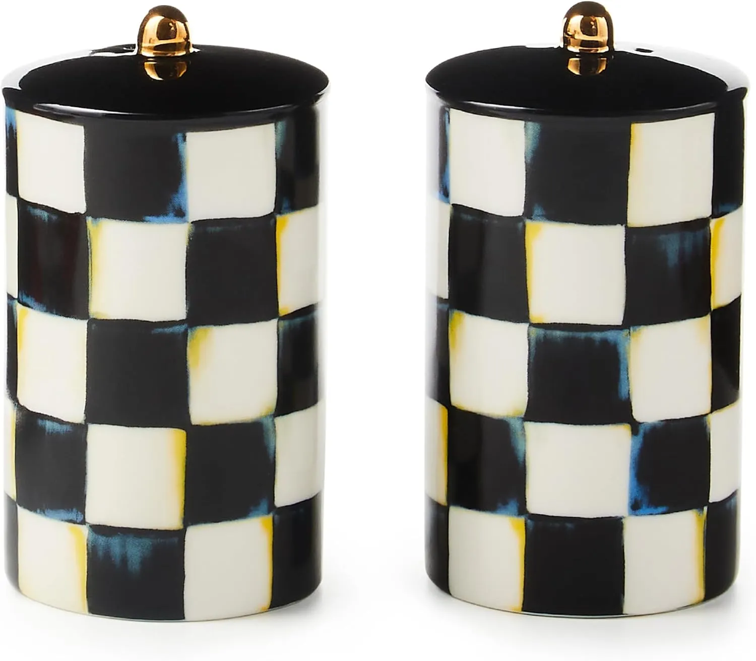 MACKENZIE-CHILDS Farmhouse Salt and Pepper Shaker Set, Ceramic Salt and Pepper Holders, Black-and-White Courtly Check