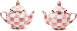 MACKENZIE-CHILDS Teapot Salt and Pepper Shaker Set, Ceramic Salt and Pepper Holders, Pink-and-White Rosy Check