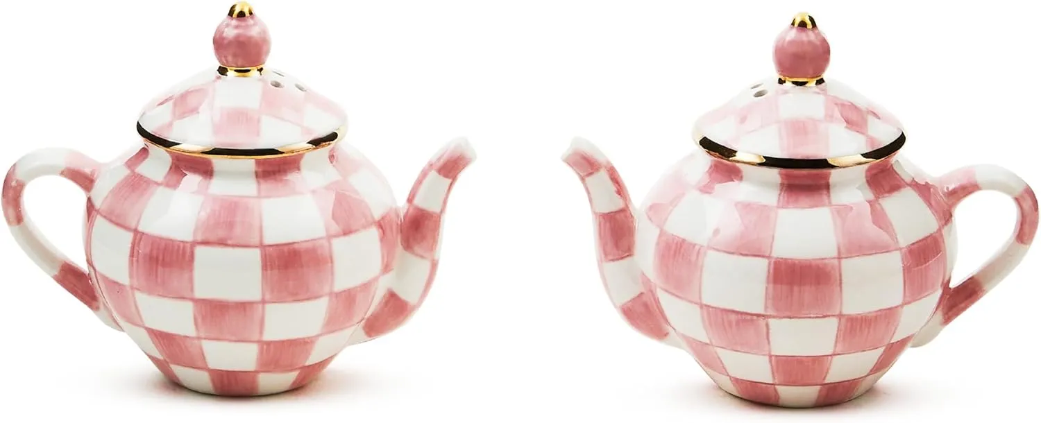 MACKENZIE-CHILDS Teapot Salt and Pepper Shaker Set, Ceramic Salt and Pepper Holders, Pink-and-White Rosy Check