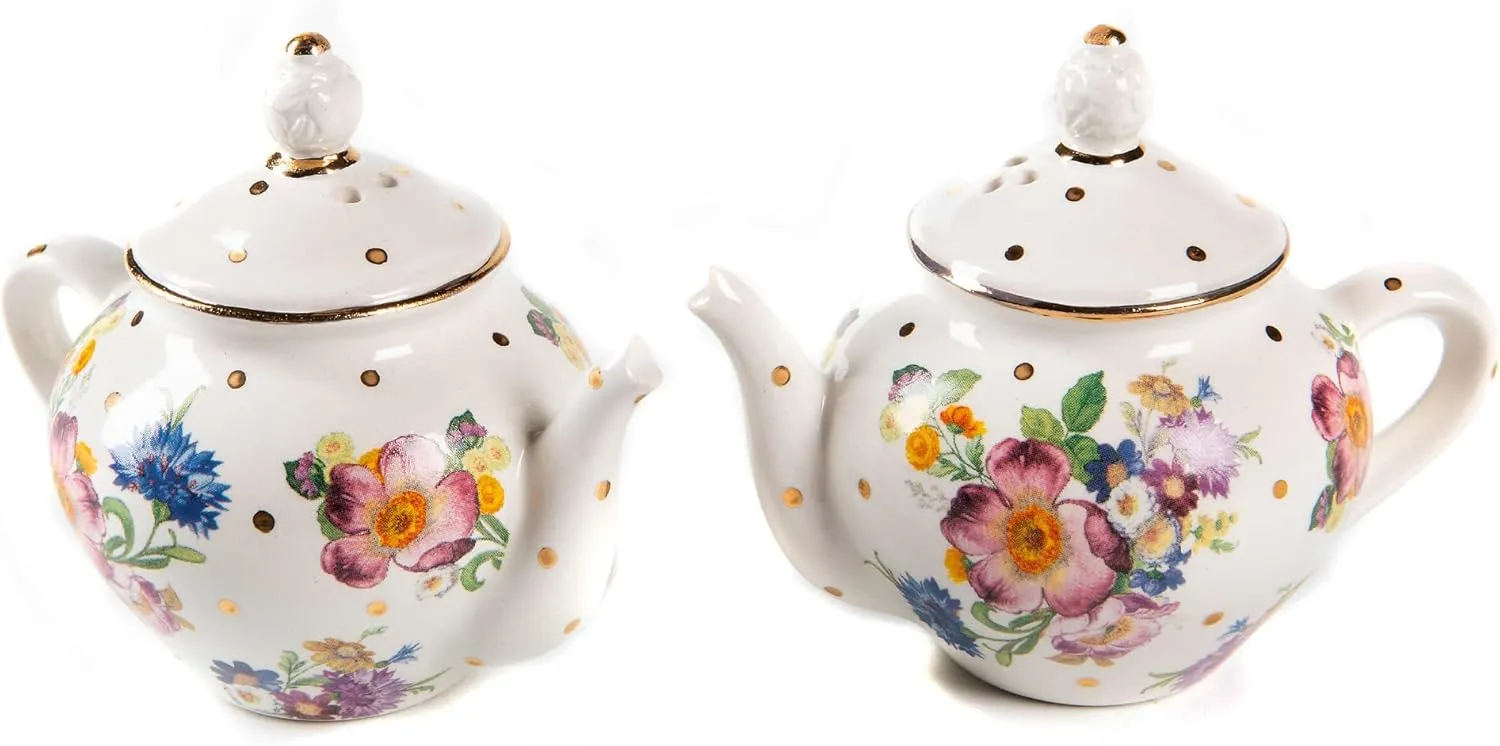 MACKENZIE-CHILDS Teapot Salt and Pepper Shaker Set, Ceramic Salt and Pepper Holders, White Flower Market