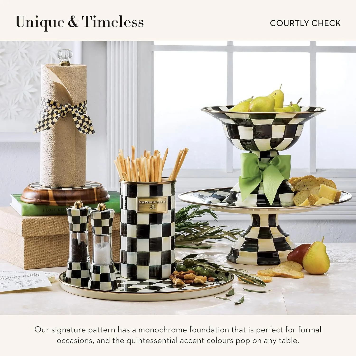 MACKENZIE-CHILDS Wood Paper Towel Holder, Decorative Paper Towel Holder for Kitchen, Black-and-White Courtly Check