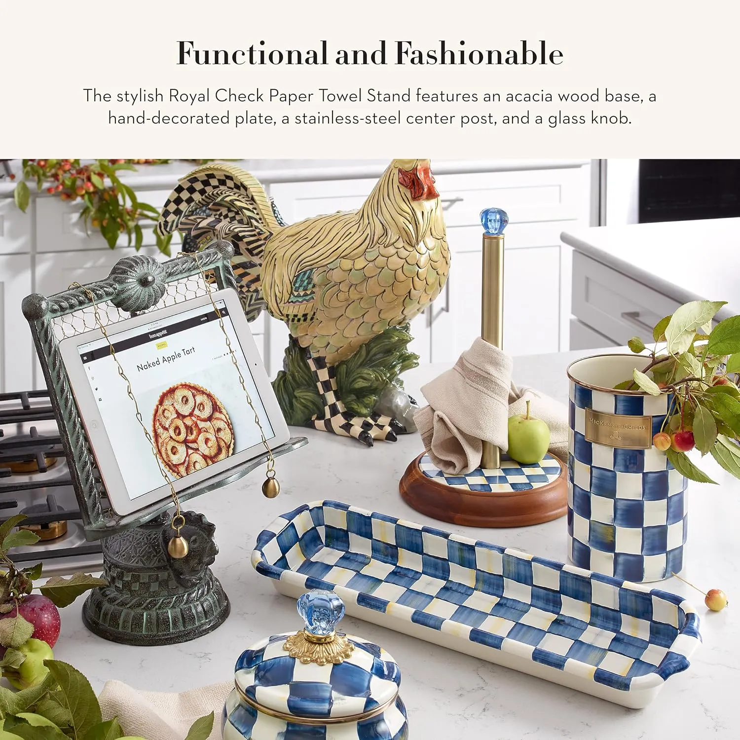 MACKENZIE-CHILDS Wood Paper Towel Holder, Decorative Paper Towel Holder for Kitchen, Blue-and-White Royal Check