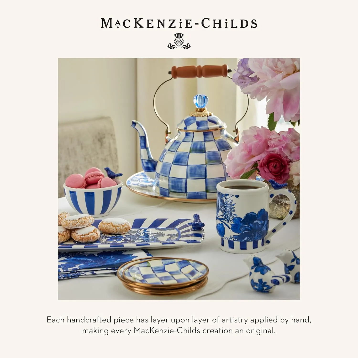MACKENZIE-CHILDS Wood Paper Towel Holder, Decorative Paper Towel Holder for Kitchen, Blue-and-White Royal Check