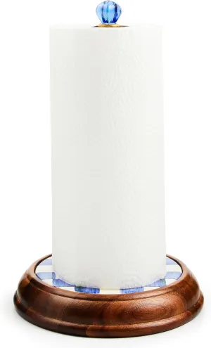 MACKENZIE-CHILDS Wood Paper Towel Holder, Decorative Paper Towel Holder for Kitchen, Blue-and-White Royal Check