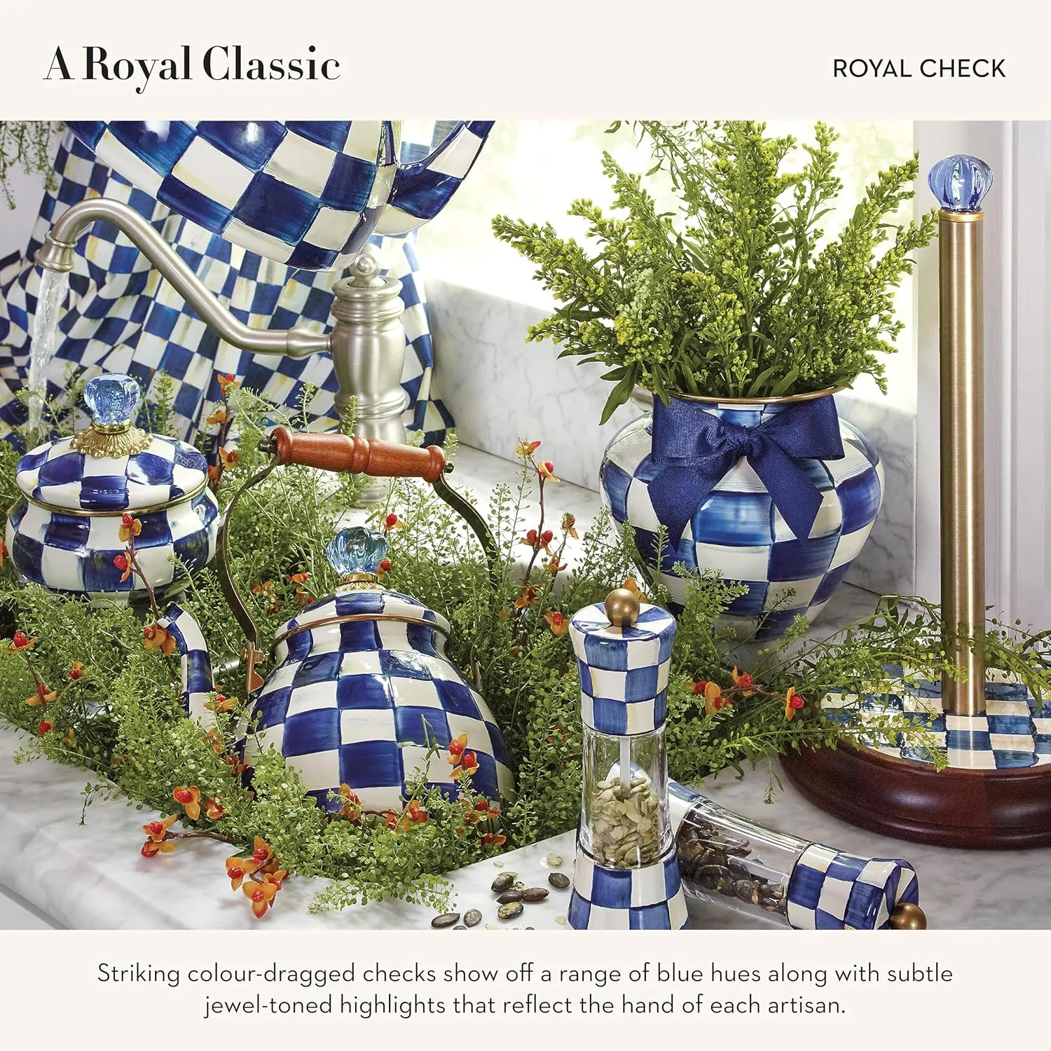 MACKENZIE-CHILDS Wood Paper Towel Holder, Decorative Paper Towel Holder for Kitchen, Blue-and-White Royal Check