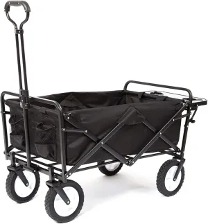 MacSports Collapsible Outdoor Utility Wagon with Folding Table and Drink Holders, Black