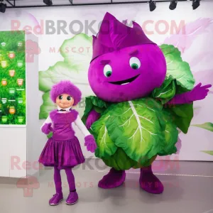 Magenta Cabbage Leaf mascot costume character dressed with a Midi Dress and Smartwatches, Large