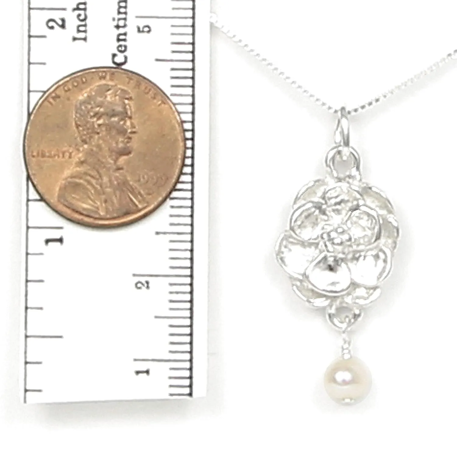Magnolia Flower Necklace - Gift Boxed with Be Strong Story Card - Made in USA - Sterling Silver with Freshwater Pearl - 20" Chain Length