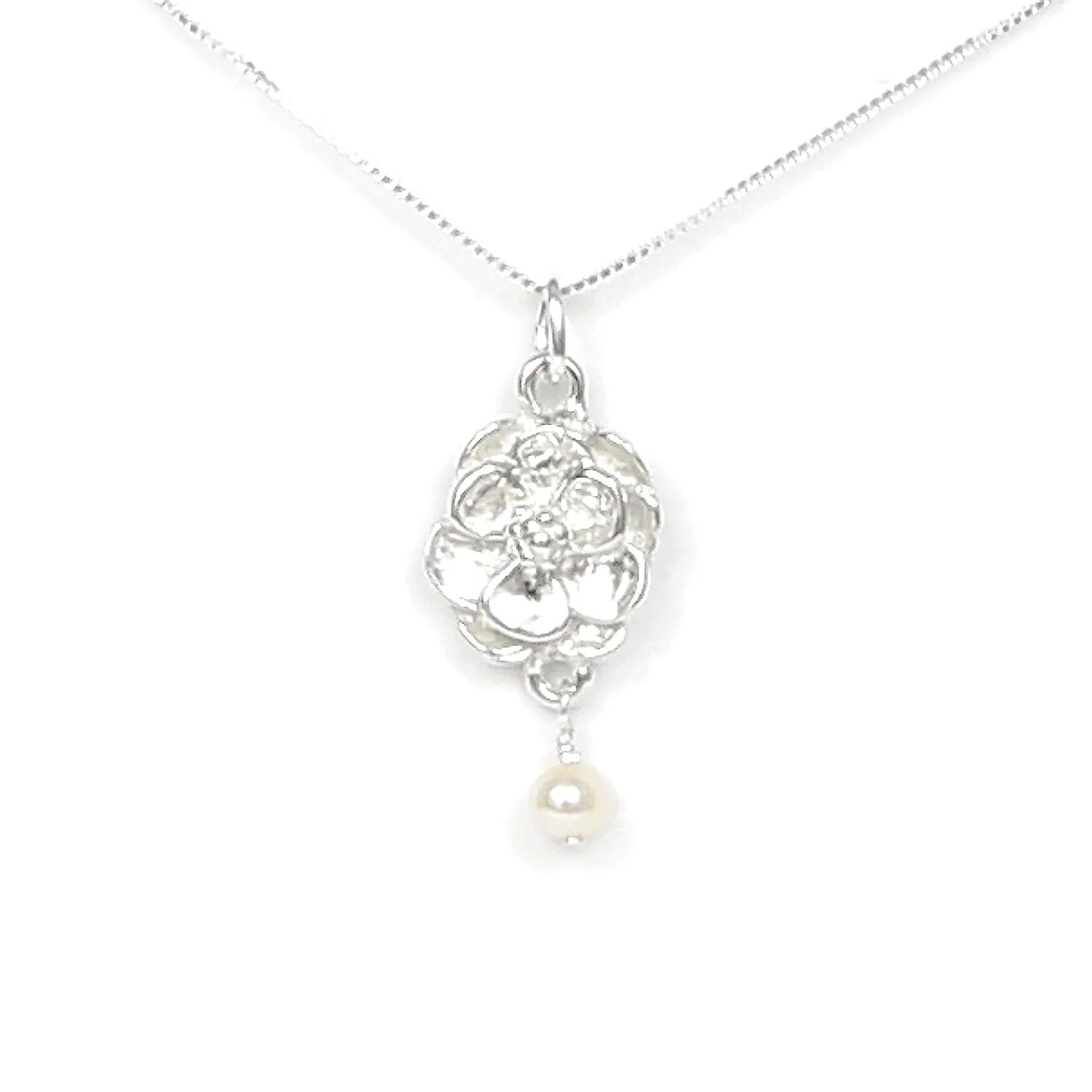 Magnolia Flower Necklace - Gift Boxed with Be Strong Story Card - Made in USA - Sterling Silver with Freshwater Pearl - 20" Chain Length