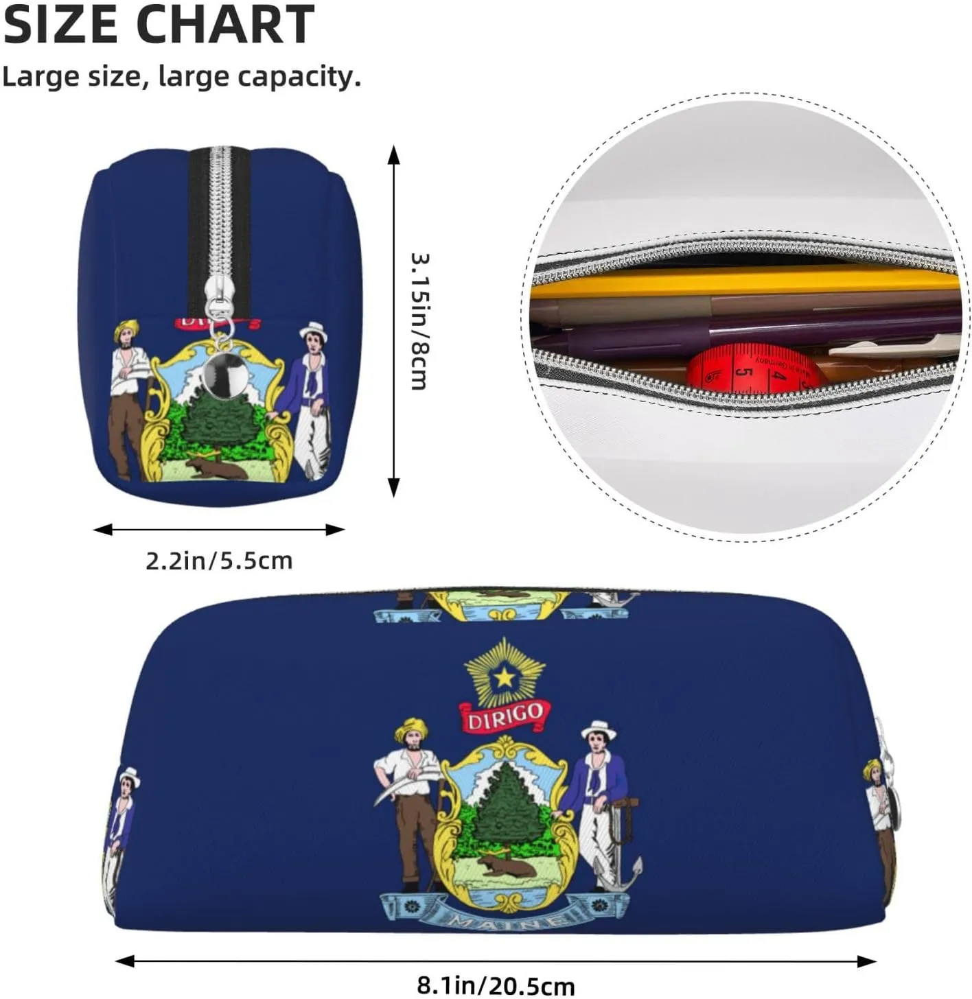 Maine State Flag Print Large Capacity Pencil Case,Pencil Pouch With Zipper, Durable Leather Pen Bag For Office, Travel