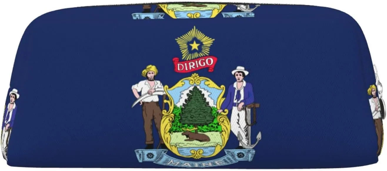 Maine State Flag Print Large Capacity Pencil Case,Pencil Pouch With Zipper, Durable Leather Pen Bag For Office, Travel