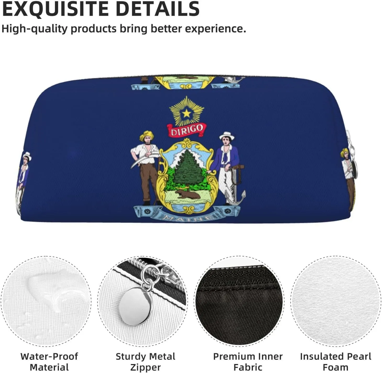 Maine State Flag Print Large Capacity Pencil Case,Pencil Pouch With Zipper, Durable Leather Pen Bag For Office, Travel