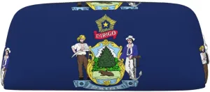 Maine State Flag Print Large Capacity Pencil Case,Pencil Pouch With Zipper, Durable Leather Pen Bag For Office, Travel