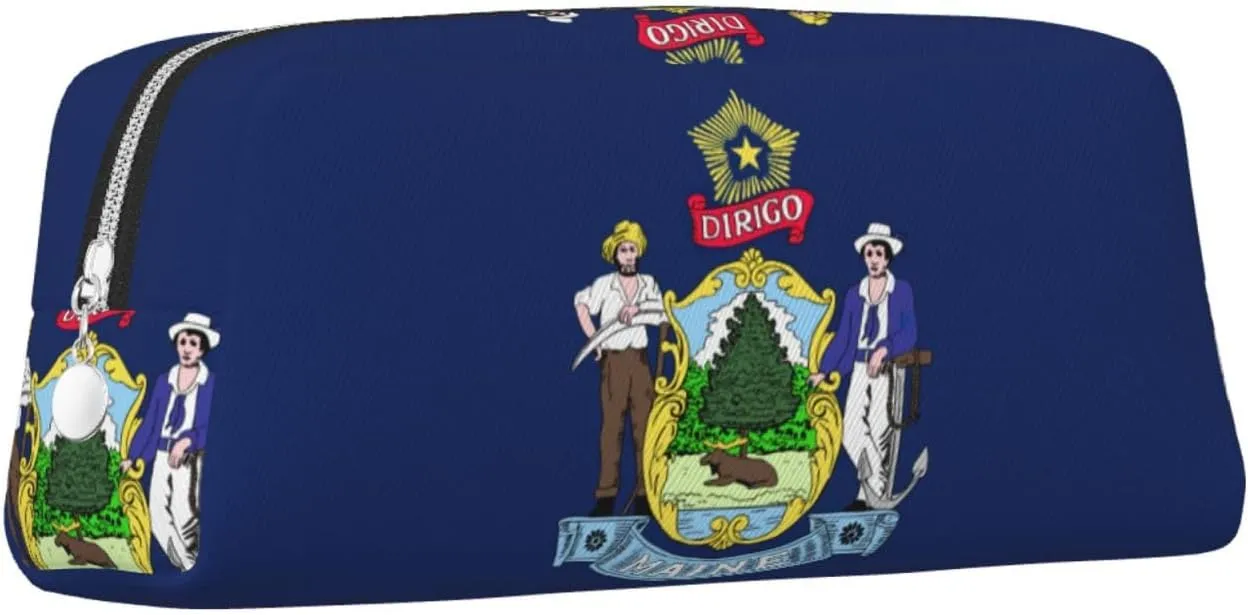 Maine State Flag Print Large Capacity Pencil Case,Pencil Pouch With Zipper, Durable Leather Pen Bag For Office, Travel