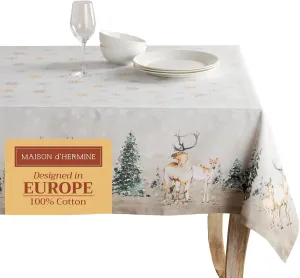 Maison d'Hermine Table Cloth Rectangle Table 100% Cotton Tablecloth for Dining Room, Farmhouse, Home, Hotel, Parties & Wedding - Gifts for Mothers Day (Deer in The Woods, 60" x 108")