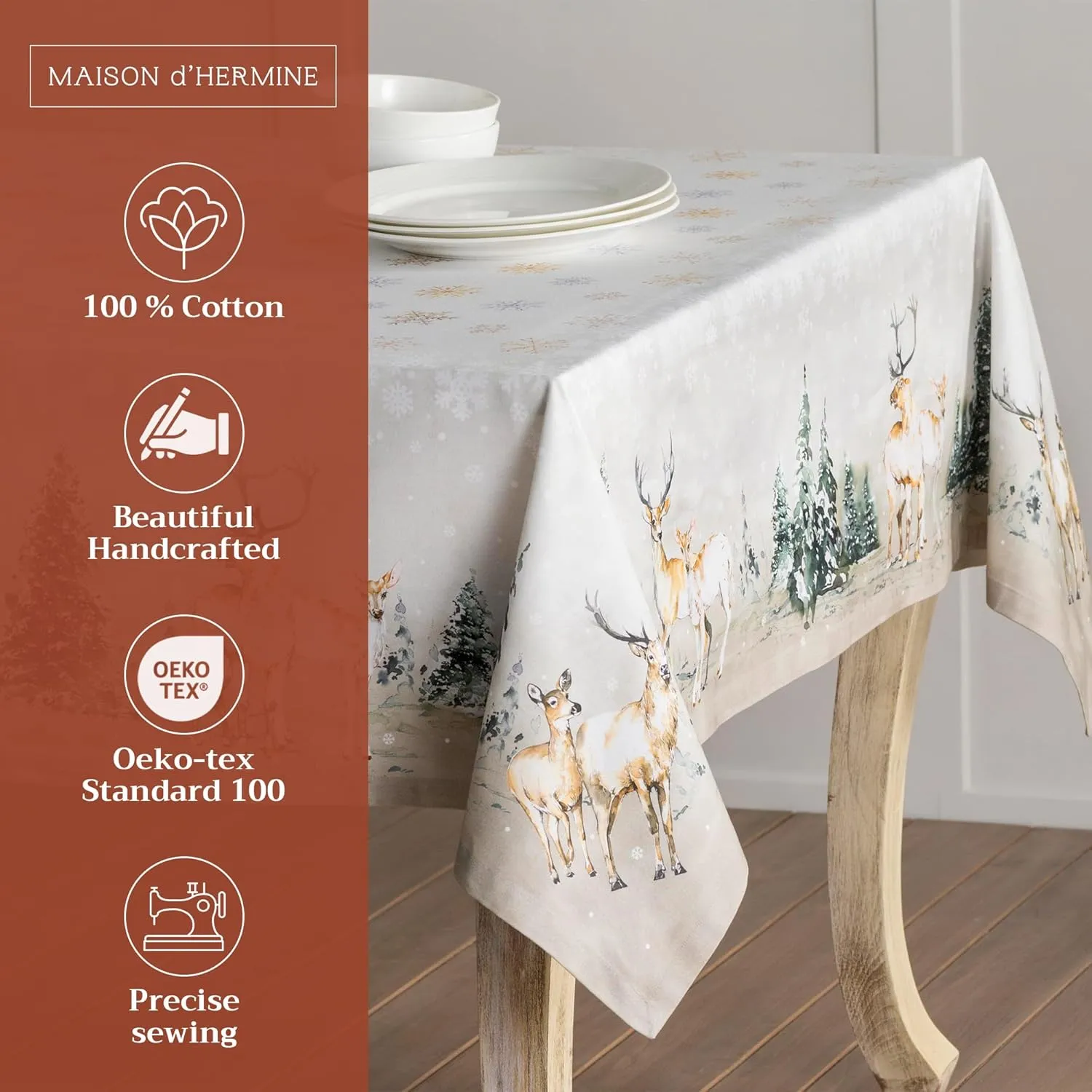Maison d'Hermine Table Cloth Rectangle Table 100% Cotton Tablecloth for Dining Room, Farmhouse, Home, Hotel, Parties & Wedding - Gifts for Mothers Day (Deer in The Woods, 60" x 108")