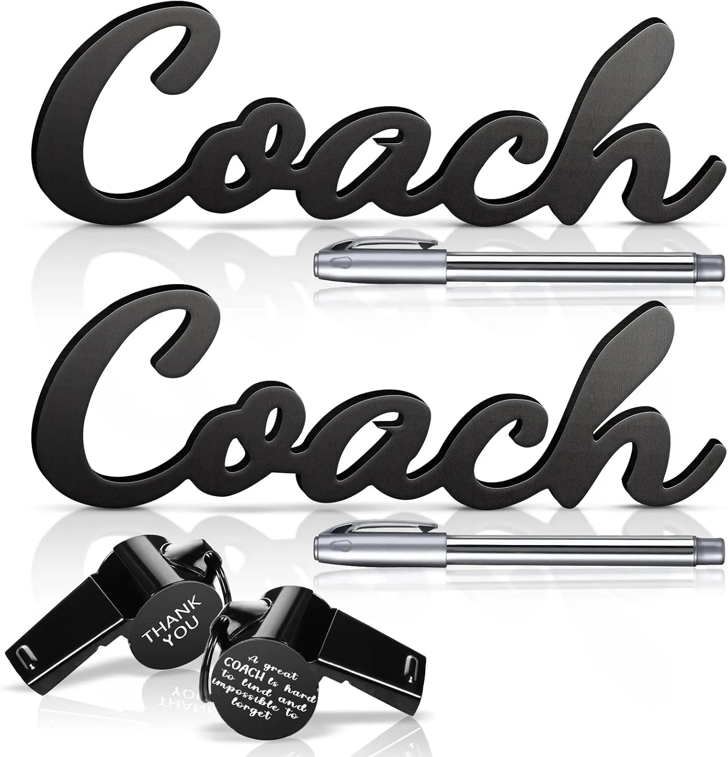 Maitys 6 Pcs 2025 Coach Gifts Football Coach Wood Sign, Thank You Stainless Steel Whistle with Rope, Marker Pen Coach Gifts for Men Women Hockey Soccer Basketball Volleyball Sports Gifts