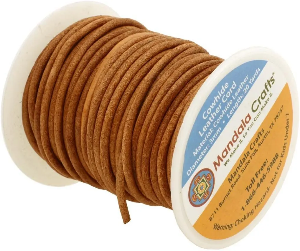 Mandala Crafts Round Cowhide Genuine Rust Leather Cord for Jewelry Making Kumihimo Leather Rope Spool - Rust Leather String Lace - 20 Yds 3mm Leather Cording