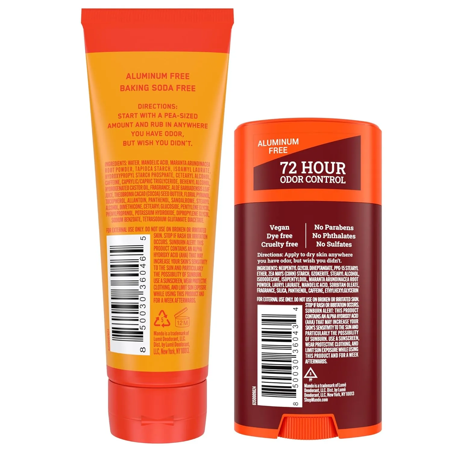 Mando Bourbon Leather Body Deodorant - 72 Hour Odor Control, Aluminum Free, Baking Soda Free - 3.0 Oz Tube and 2.6 Oz Solid Stick