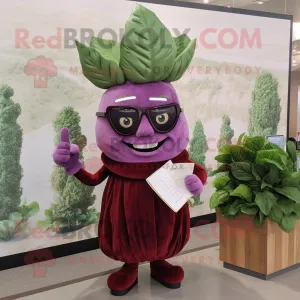 Maroon Cabbage mascot costume character dressed with a Sheath Dress and Reading glasses, Large