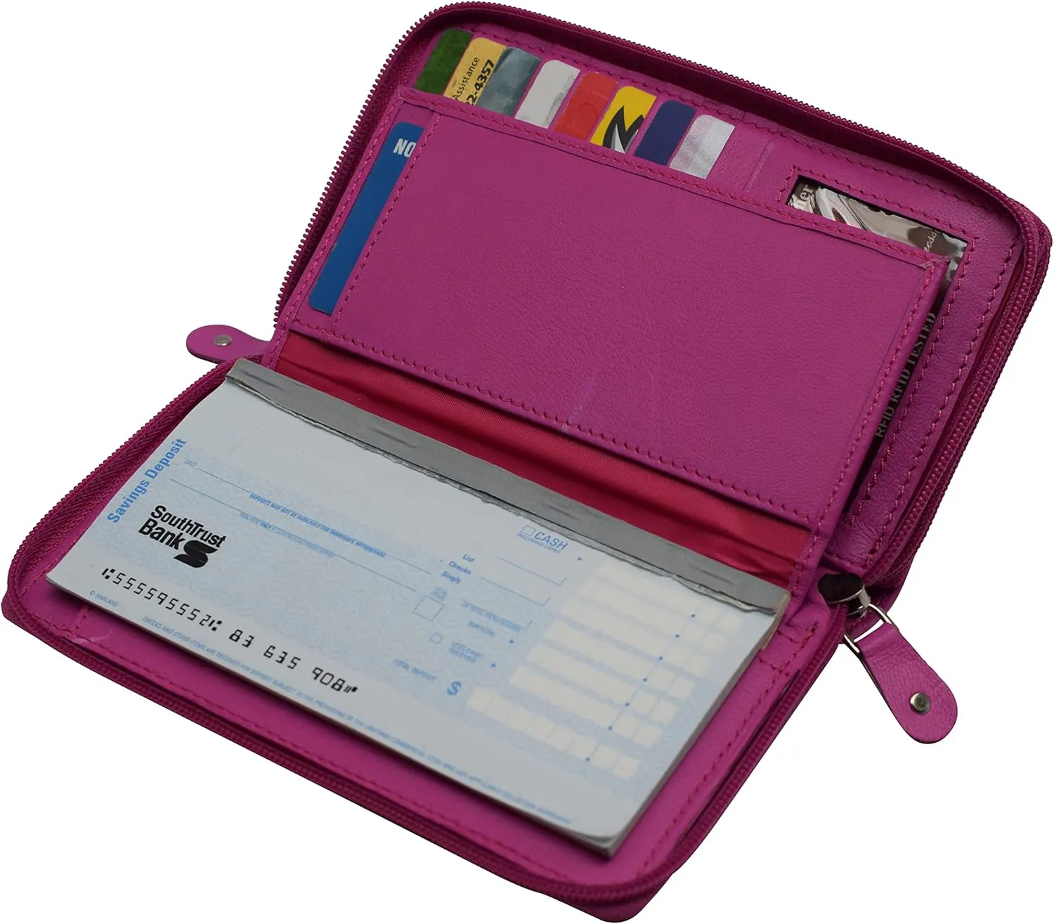 MARSHAL Genuine Leather Double Zipper Clutch Checkbook Wallet for Women #4575CF (RFID Hot Pink)