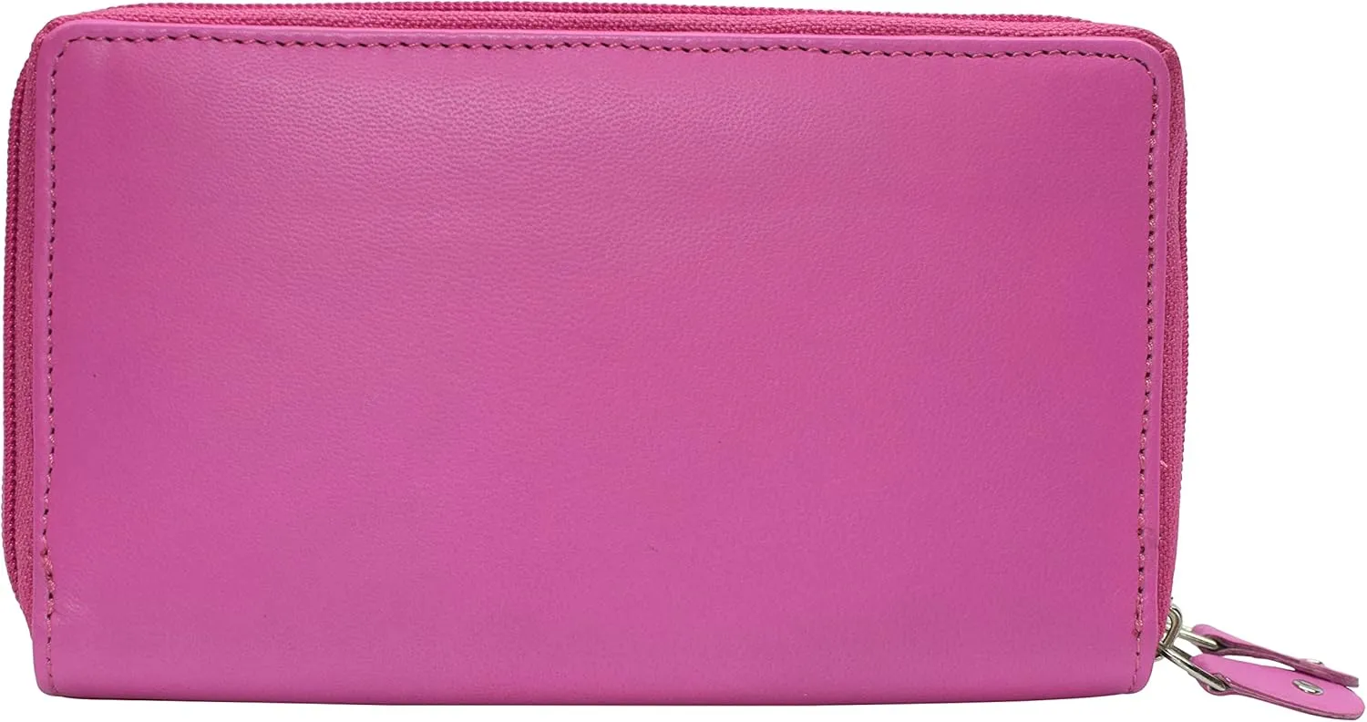 MARSHAL Genuine Leather Double Zipper Clutch Checkbook Wallet for Women #4575CF (RFID Hot Pink)