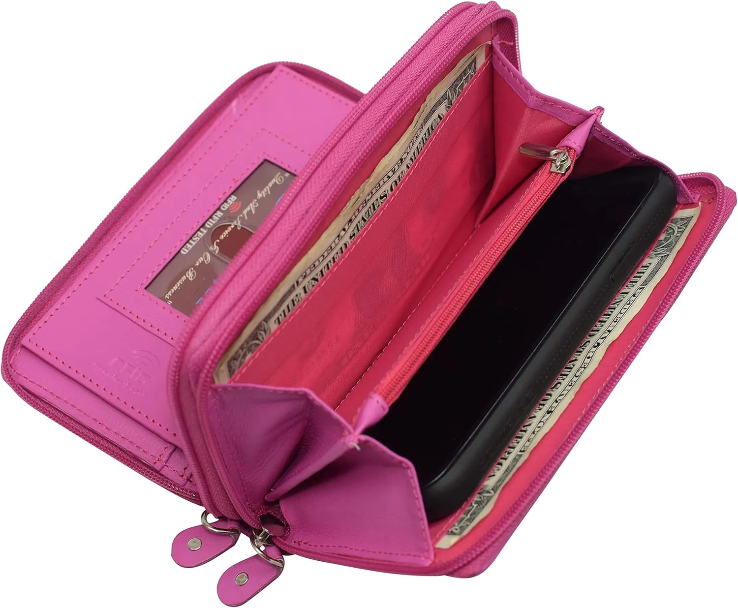 MARSHAL Genuine Leather Double Zipper Clutch Checkbook Wallet for Women #4575CF (RFID Hot Pink)