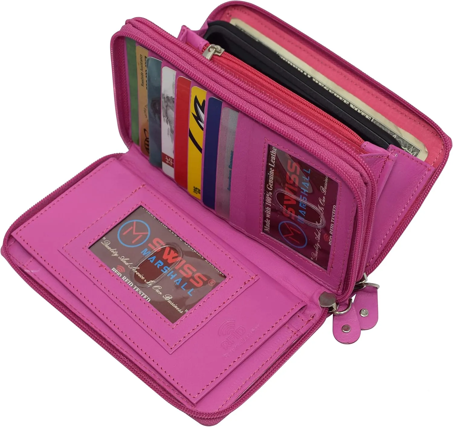 MARSHAL Genuine Leather Double Zipper Clutch Checkbook Wallet for Women #4575CF (RFID Hot Pink)