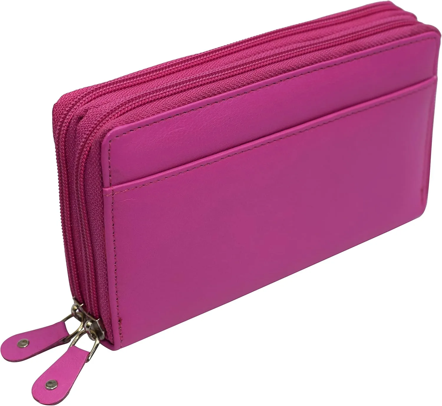 MARSHAL Genuine Leather Double Zipper Clutch Checkbook Wallet for Women #4575CF (RFID Hot Pink)