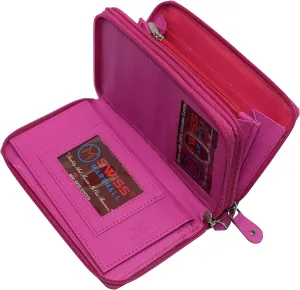 MARSHAL Genuine Leather Double Zipper Clutch Checkbook Wallet for Women #4575CF (RFID Hot Pink)