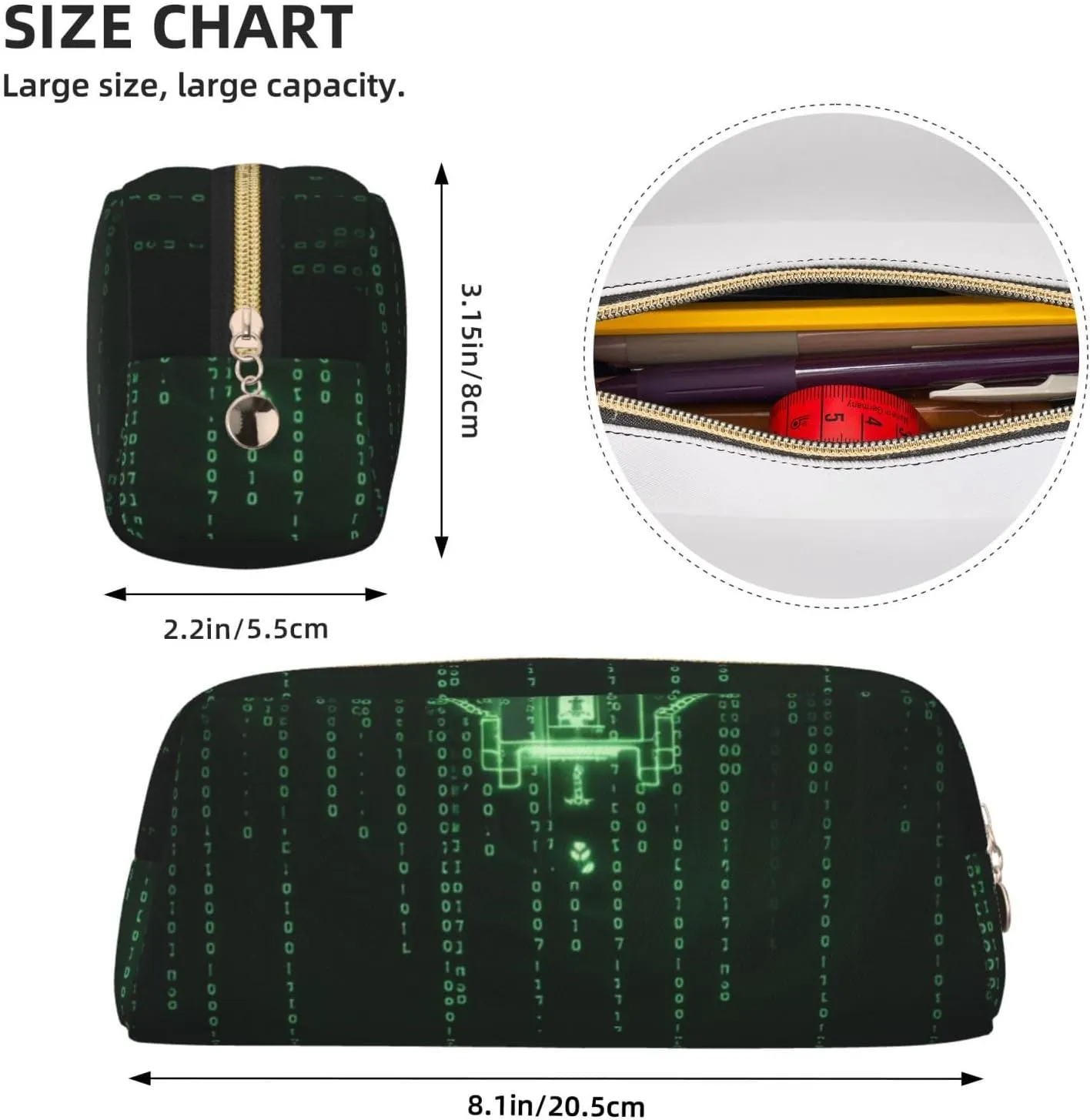 Matrix Code Digital Art Print Pencil Case, Pencil Pouch with Zipper, Portable Stationery Organizer pencil bag - Office Travel