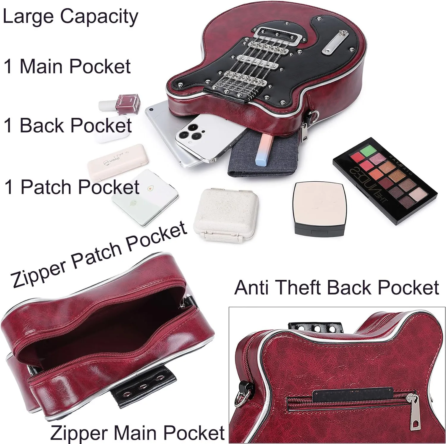 Men and Women Guitar Shaped Crossbody Shoulder Bag PU Leather Unique Novelty Guitar Purse