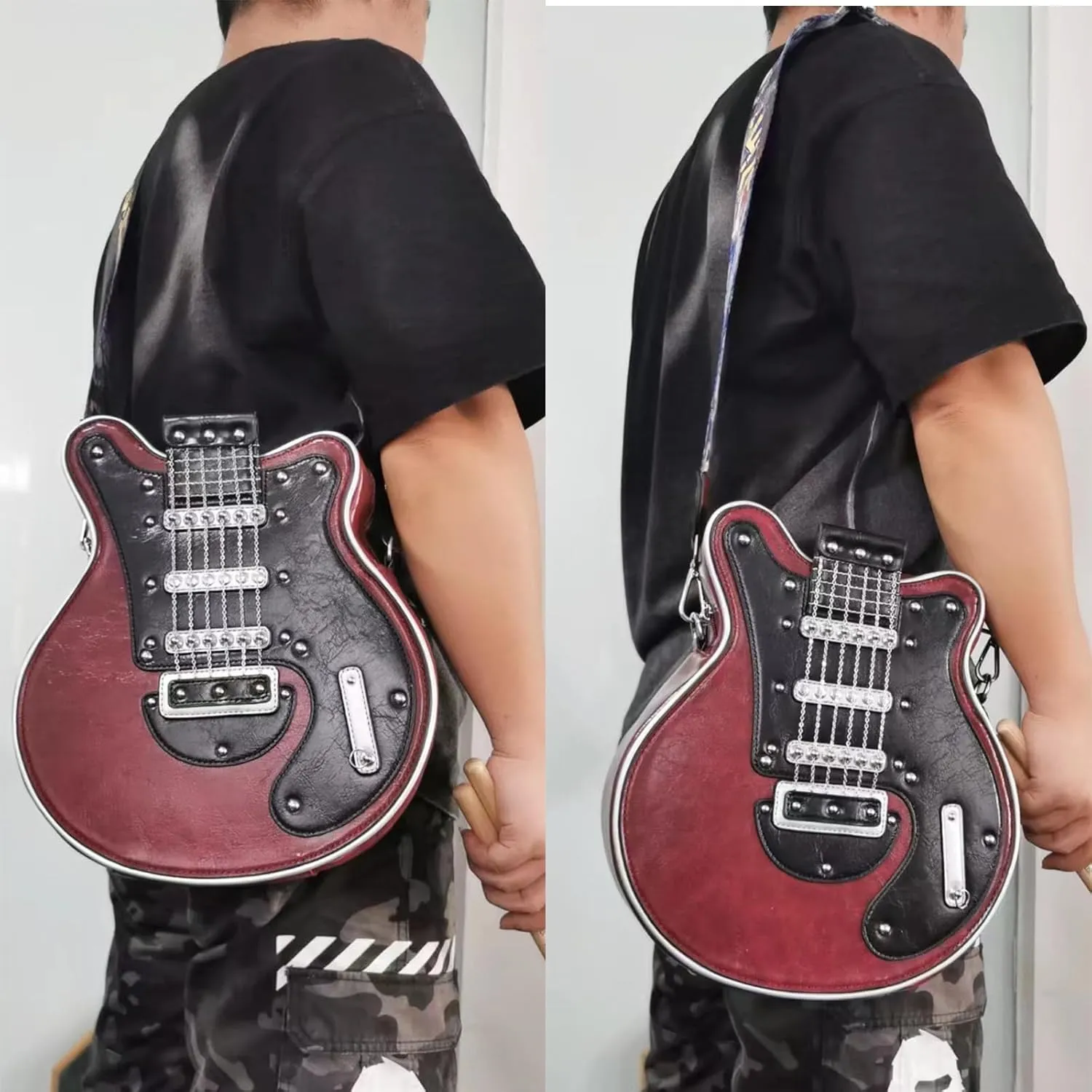 Men and Women Guitar Shaped Crossbody Shoulder Bag PU Leather Unique Novelty Guitar Purse