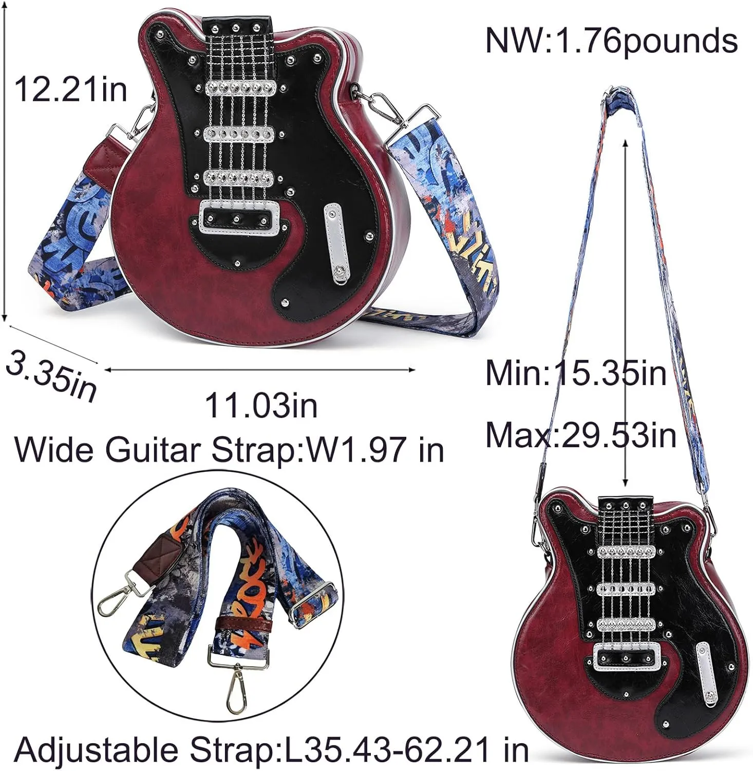 Men and Women Guitar Shaped Crossbody Shoulder Bag PU Leather Unique Novelty Guitar Purse
