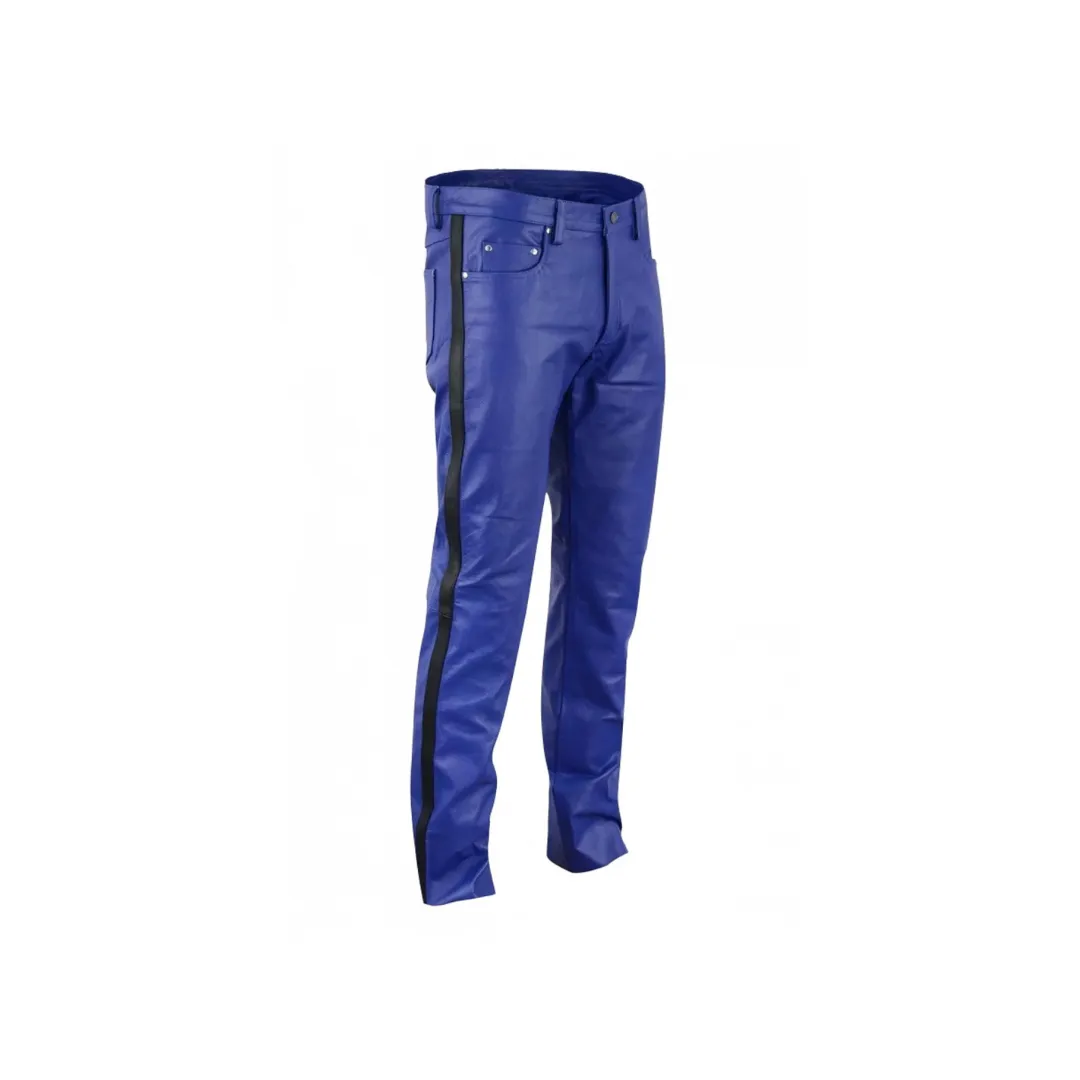 Men Blue Leather Biker Pant