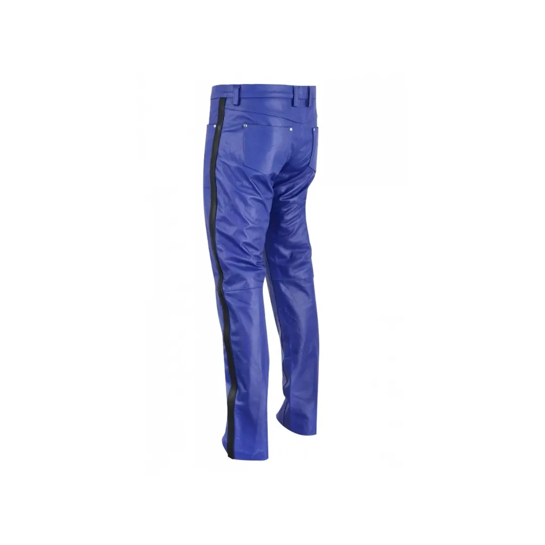 Men Blue Leather Biker Pant
