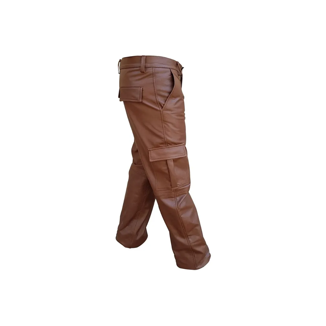 Men Brown Leather 6 Pockets Cargo Pant