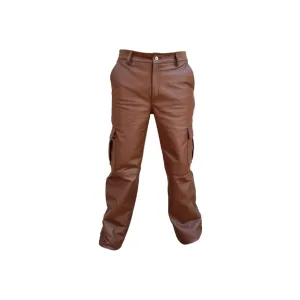 Men Brown Leather 6 Pockets Cargo Pant