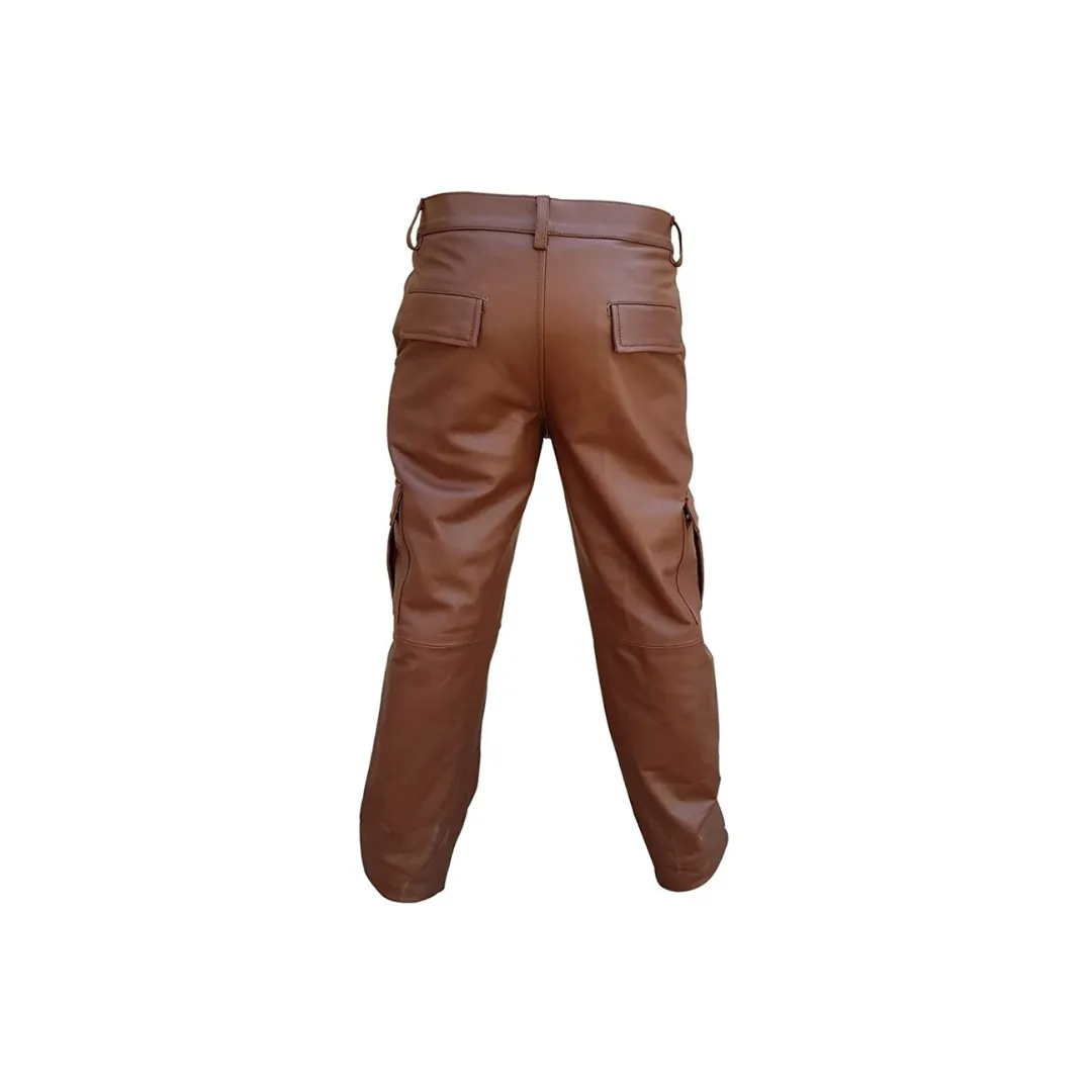 Men Brown Leather 6 Pockets Cargo Pant