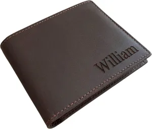 Men Dark Brown Genuine Leather RFID Blocking Personalized Bifold Wallet with ID Window, Engraved Wallet for Men & Gift Box