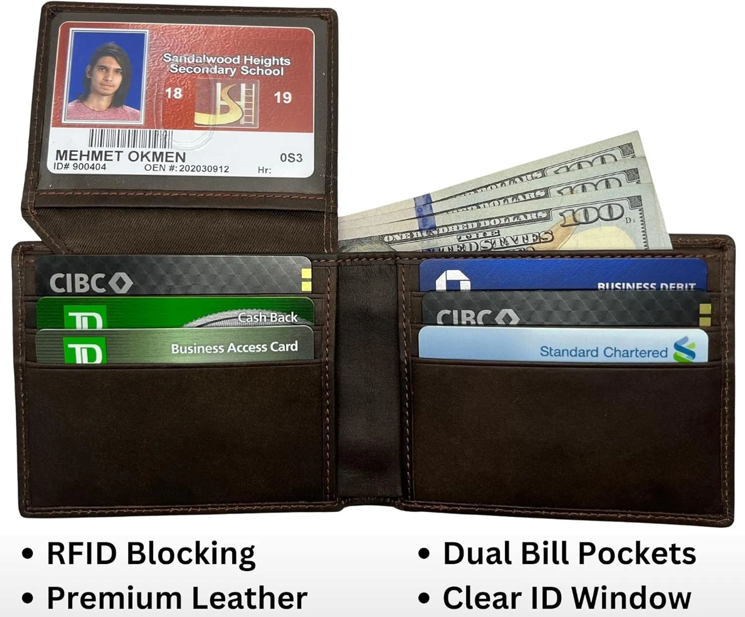 Men Dark Brown Genuine Leather RFID Blocking Personalized Bifold Wallet with ID Window, Engraved Wallet for Men & Gift Box